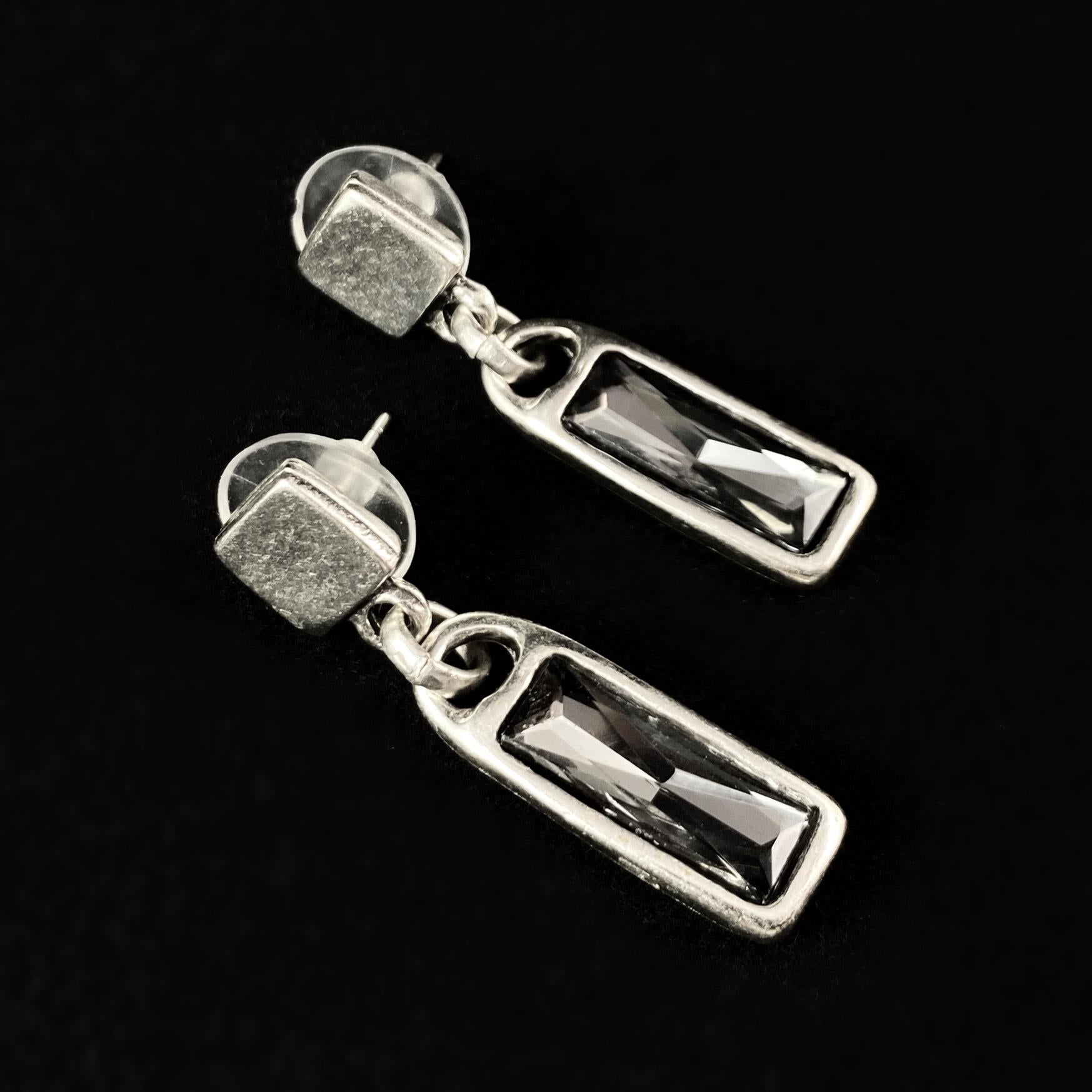 Silver Drop Earrings with Gray Crystals, Handmade, Nickel Free - Noir