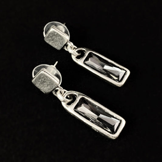 Silver Drop Earrings with Gray Crystals, Handmade, Nickel Free - Noir