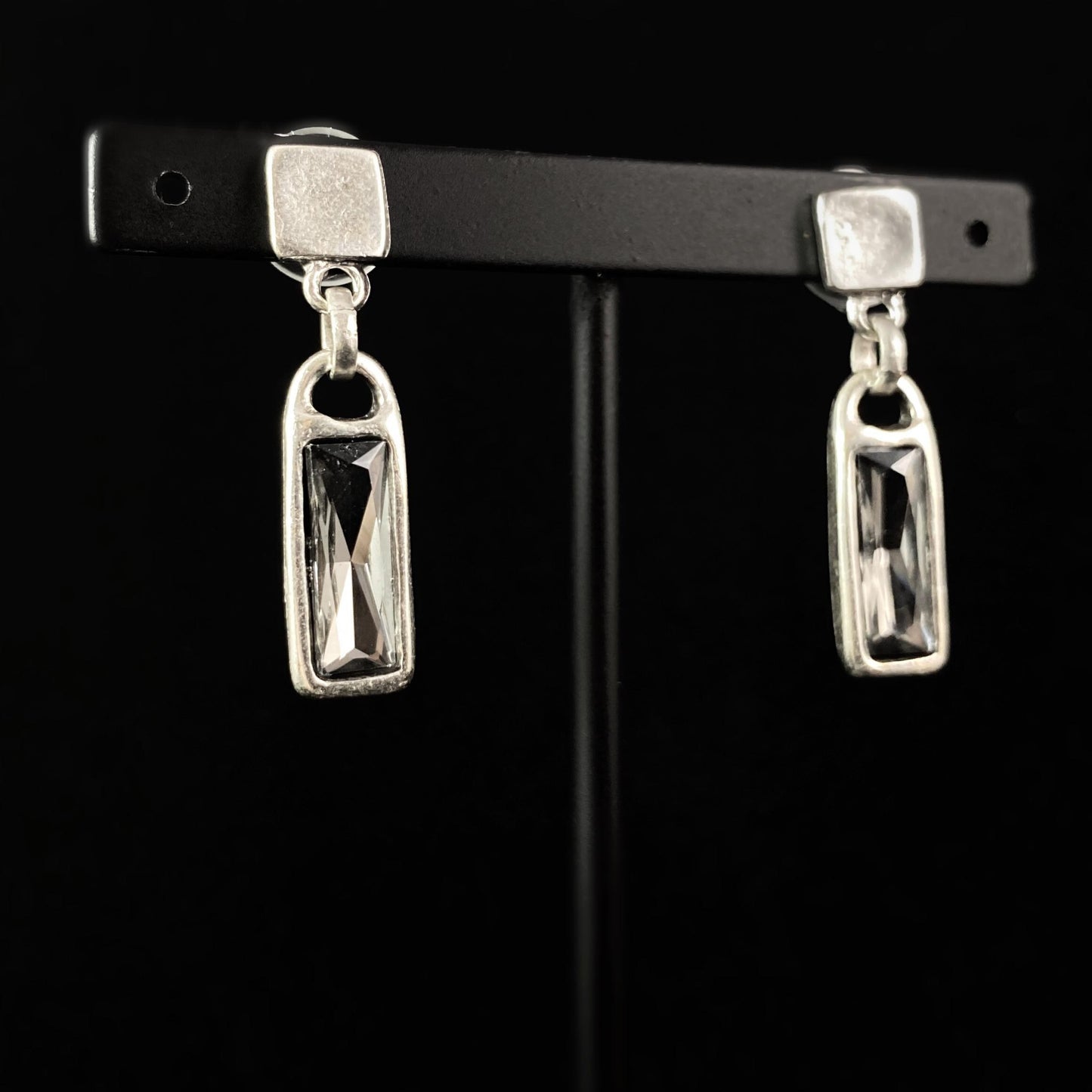 Silver Drop Earrings with Gray Crystals, Handmade, Nickel Free - Noir