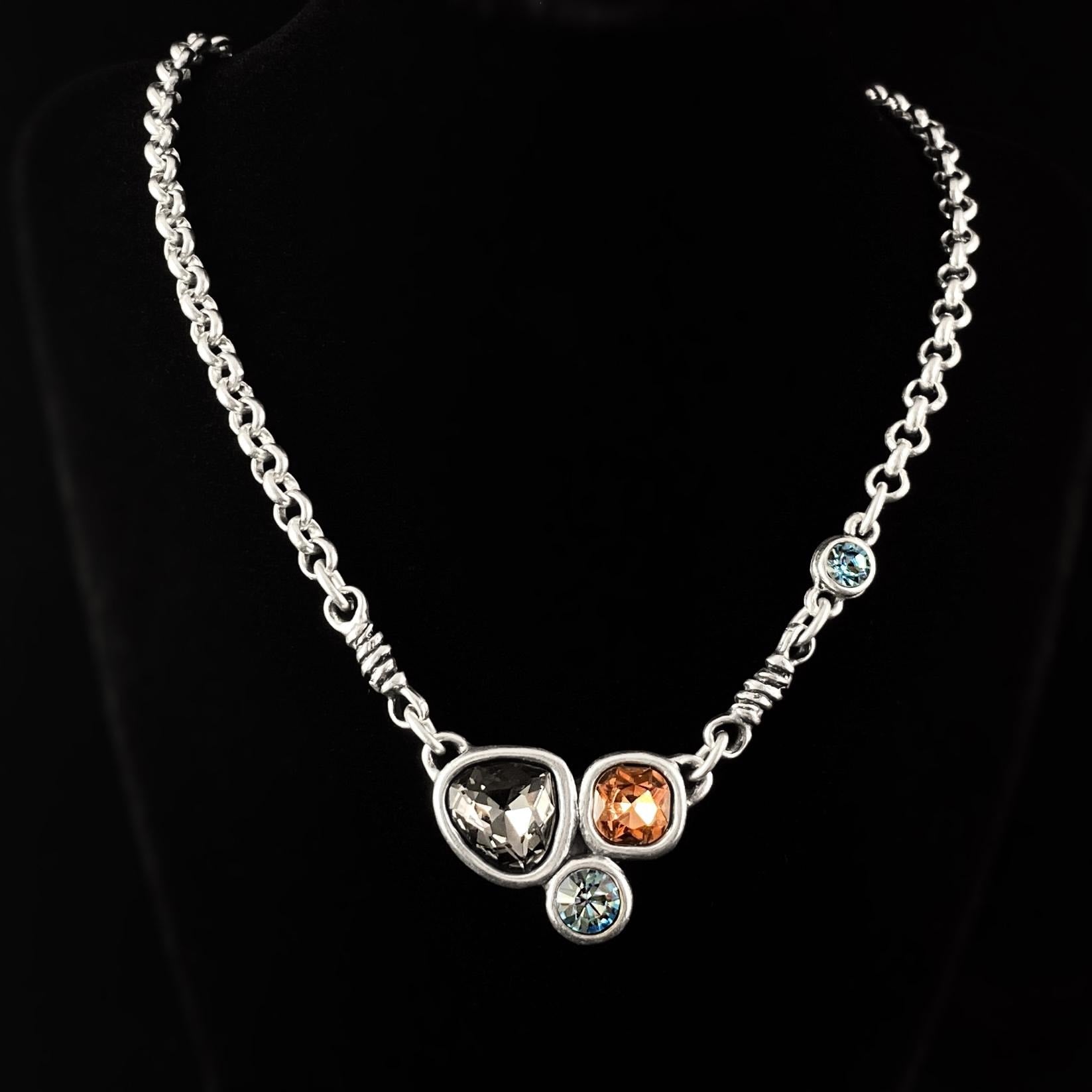 Chunky Silver Necklace with Multicolor Crystal Pendant, Handmade, Nickel Free-Noir