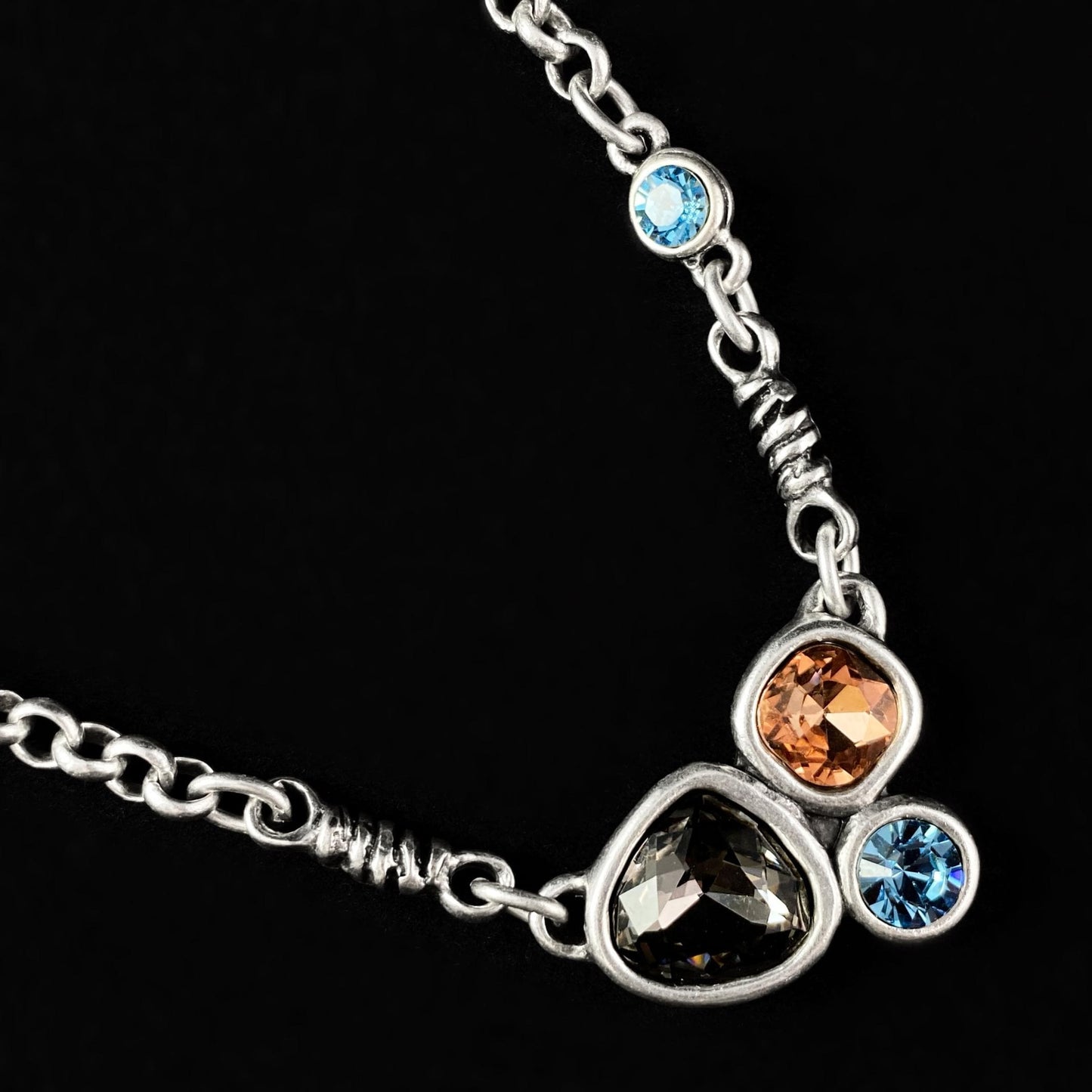 Chunky Silver Necklace with Multicolor Crystal Pendant, Handmade, Nickel Free-Noir