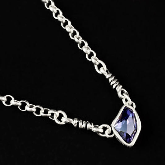 Silver Chain Link Necklace with Purple Crystal Pendant, Handmade, Nickel Free - Noir
