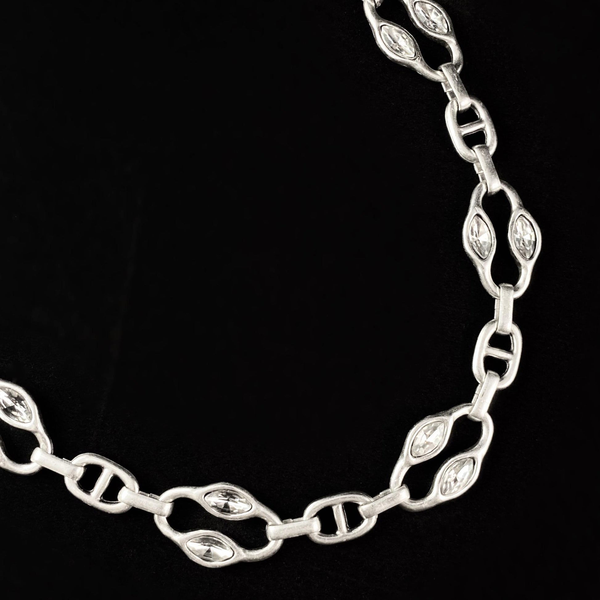 Chunky Silver Chain Link Necklace with Clear Crystals, Handmade, Nickel Free-Noir