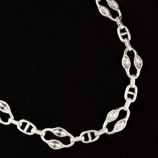 Chunky Silver Chain Link Necklace with Clear Crystals, Handmade, Nickel Free-Noir