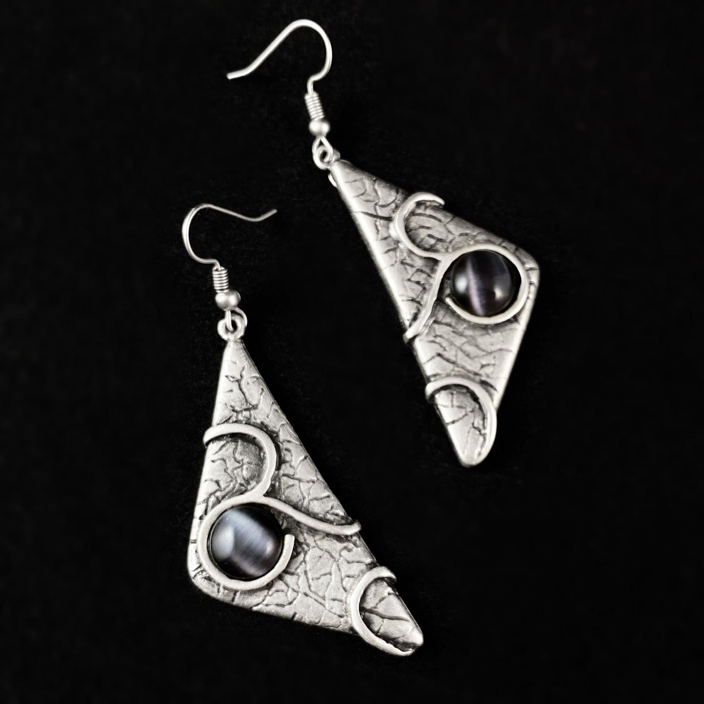 Silver Triangle Drop Earrings, Handmade, Nickel Free - Noir