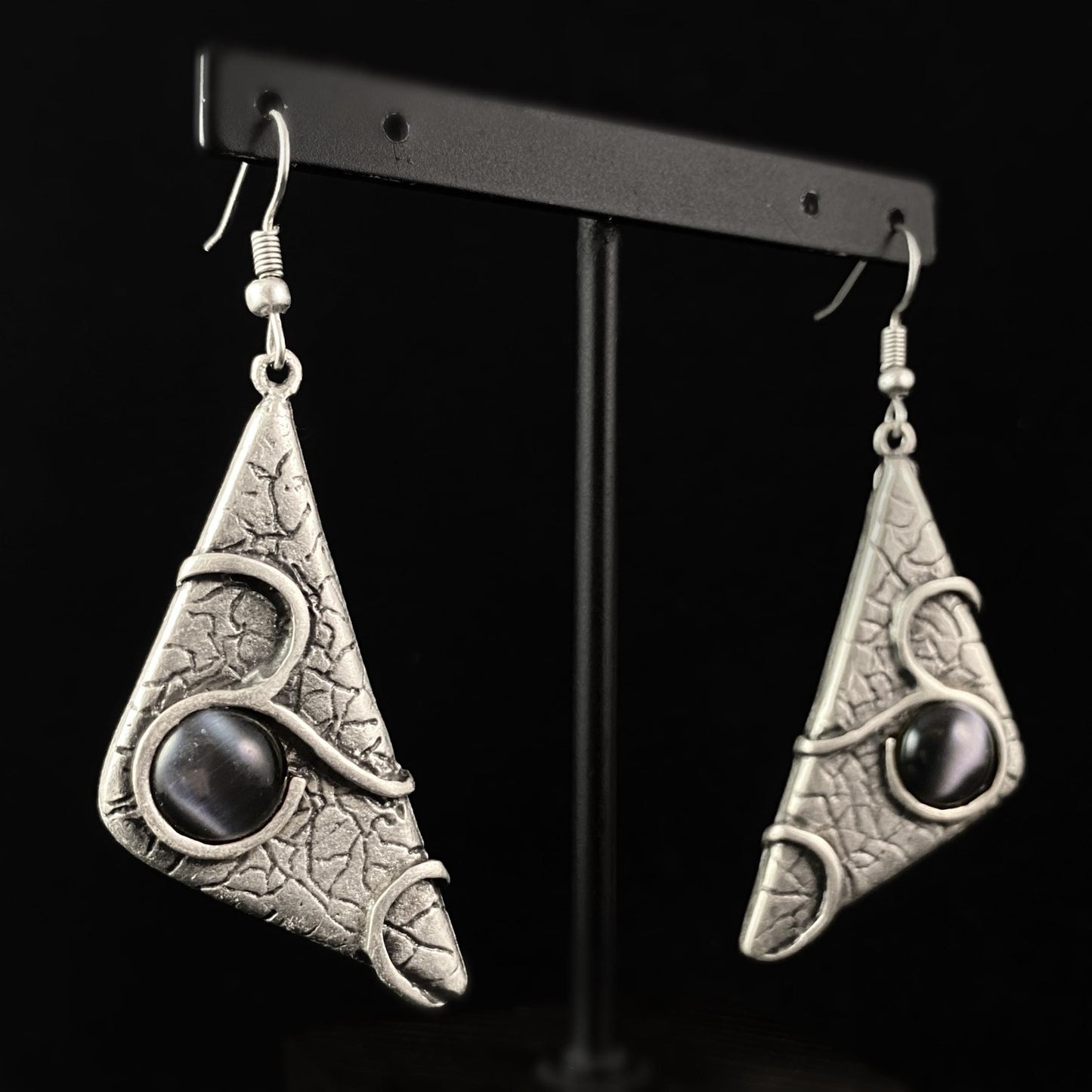 Silver Triangle Drop Earrings, Handmade, Nickel Free - Noir