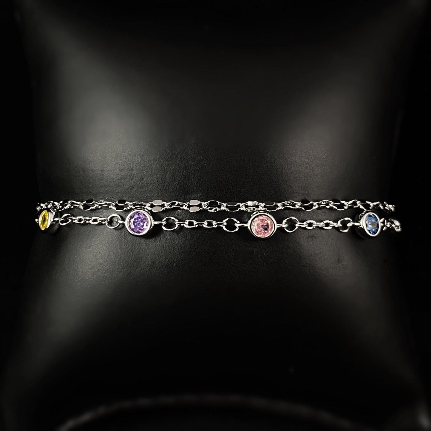 Dainty Multicolor Crystal Double Chain Bracelet, Made in USA - Peri