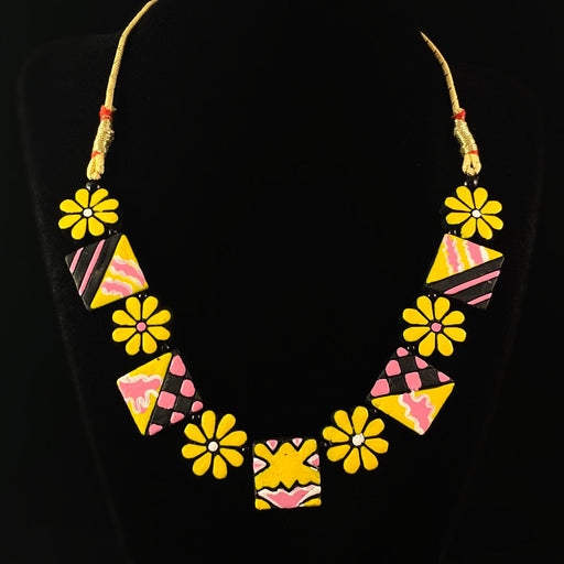 Handmade Vibrant Geometric Floral Clay Necklace