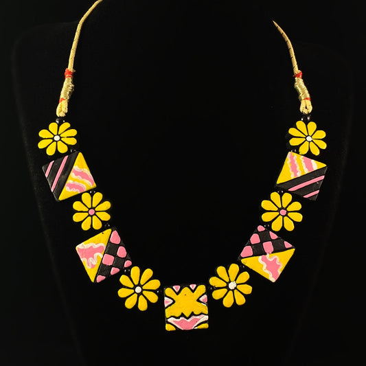 Handmade Vibrant Geometric Floral Clay Necklace