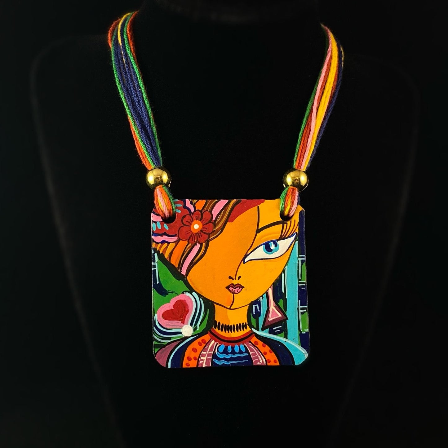 Handmade Vibrant Face and Heart Clay Necklace