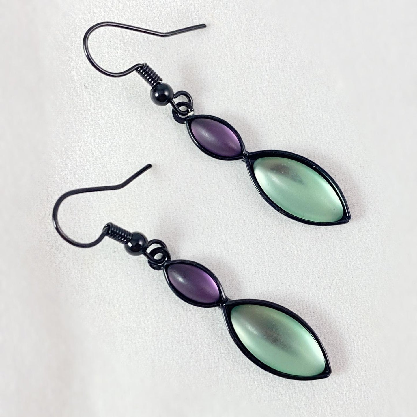 Marquise Shape Earrings with Black Wire and Handmade Glass Beads, Hypoallergenic, Purple/Green - Kristina