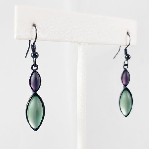 Marquise Shape Earrings with Black Wire and Handmade Glass Beads, Hypoallergenic, Purple/Green - Kristina