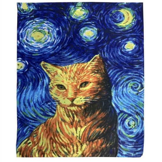 Impressionist Style Starry Night Cat Print Silk Scarf