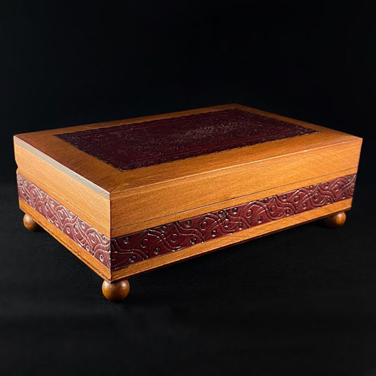 Intricate Jewelry Box with Footed Base, Handmade Hinged Wooden Treasure Box