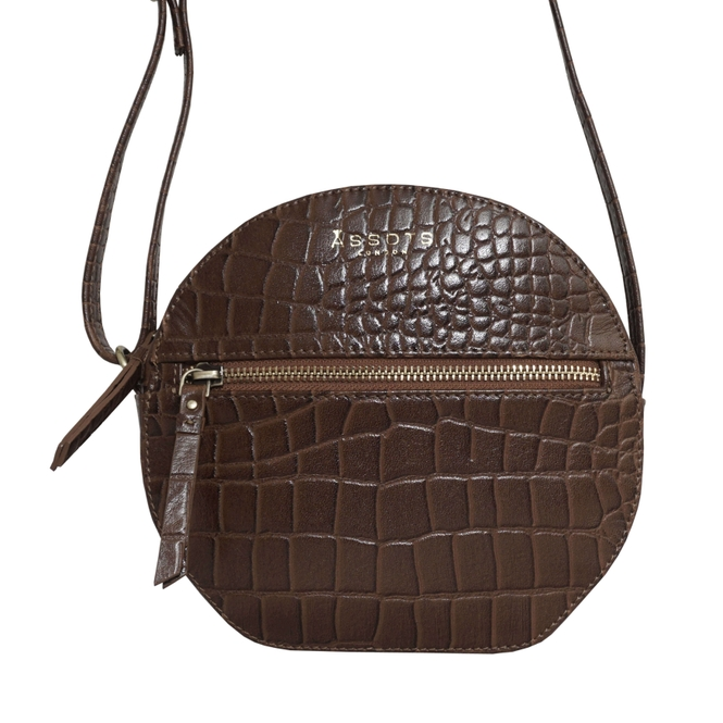 Jane Dark Tan Croc Leather Round Designer Crossbody Bag