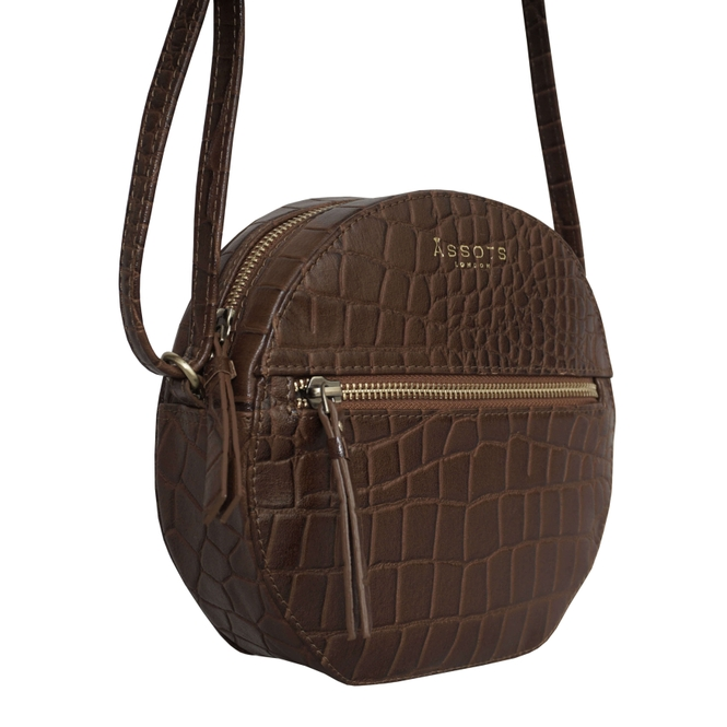 Jane Dark Tan Croc Leather Round Designer Crossbody Bag