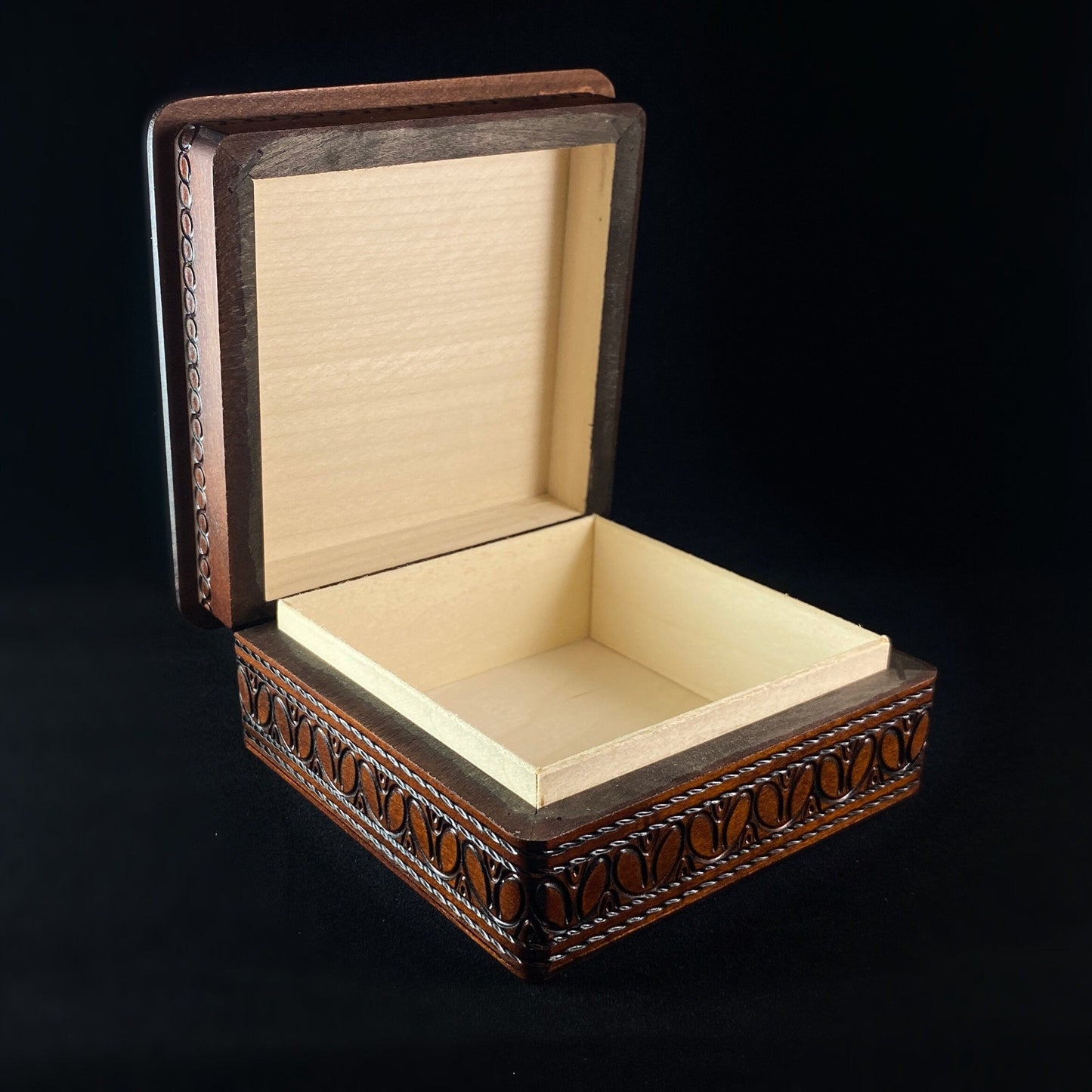 Lace Patterned Square Jewelry Box, Handmade Hinged Wooden Treasure Box