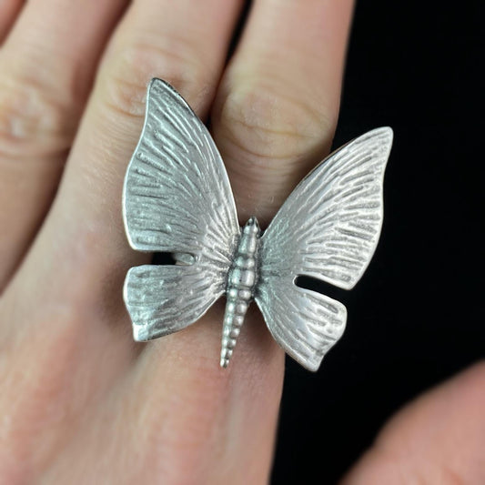 Large Adjustable Silver Butterfly Ring, Handmade, Nickel Free - Noir