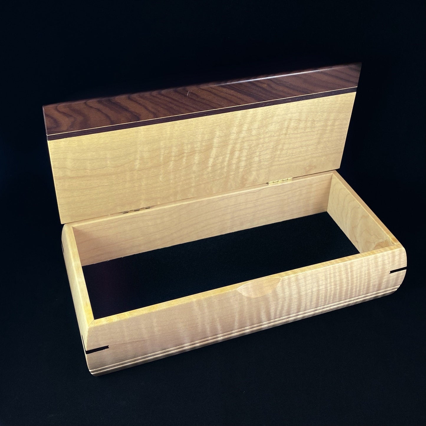 Large Handmade Wooden Treasure Box with Bolivian Rosewood, Curly Maple, and Wenge, Made in USA