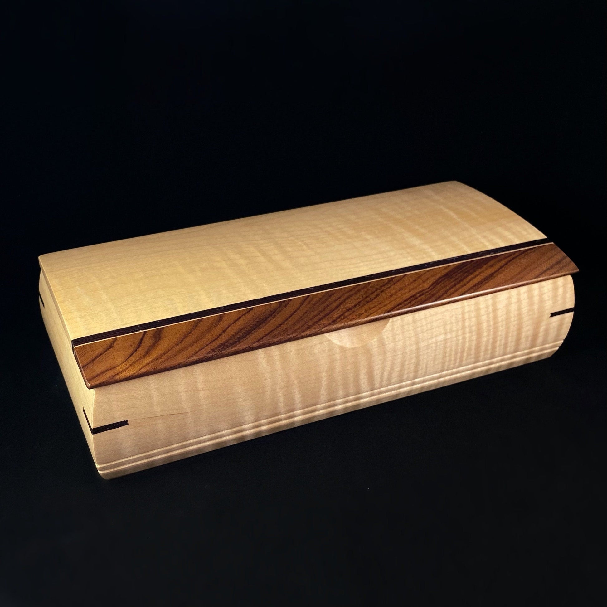 Large Handmade Wooden Treasure Box with Bolivian Rosewood, Curly Maple, and Wenge, Made in USA