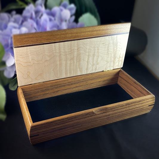 Large Handmade Wooden Treasure Box with Cherry, Curly Maple, and Wenge, Made in USA
