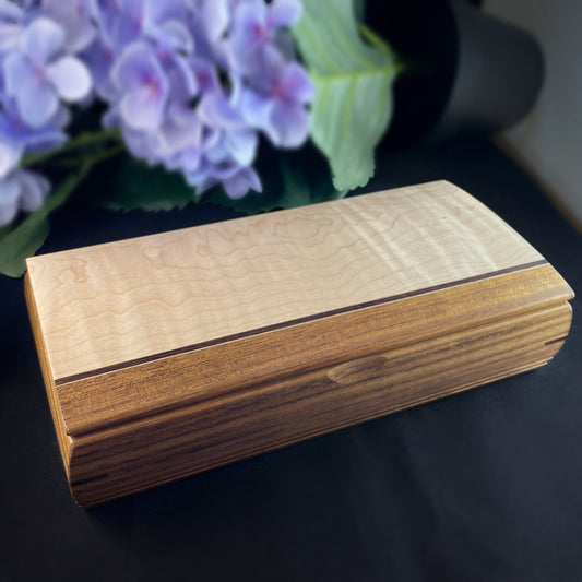 Large Handmade Wooden Treasure Box with Cherry, Curly Maple, and Wenge, Made in USA