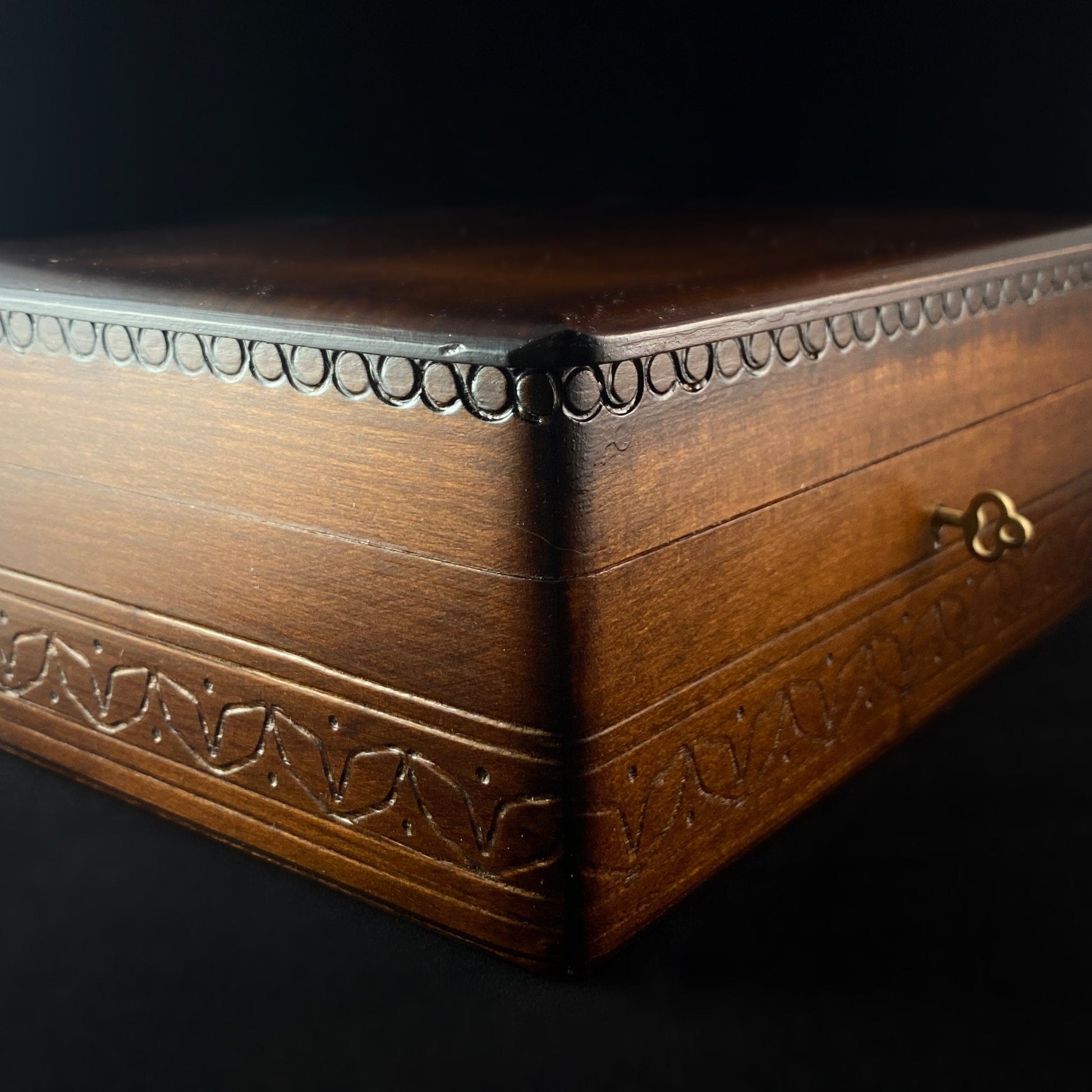 Large Rectangular Jewelry Box with Small Skeleton Key, Handmade Wooden Hinged Treasure Box