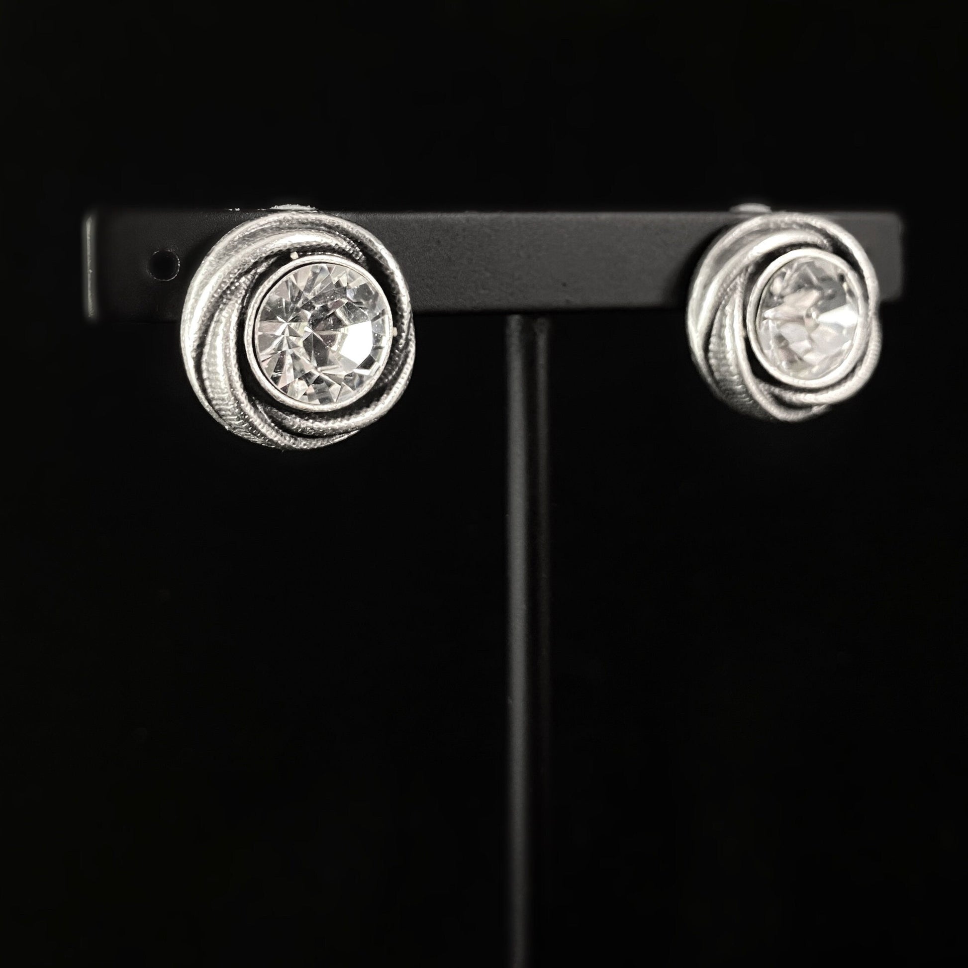 Large Silver Stud Earrings with Clear Crystal, Handmade, Nickel Free