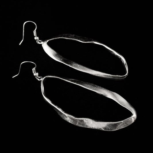 Large Silver Wavy Oval Hoop Earrings, Handmade, Nickel Free - Noir