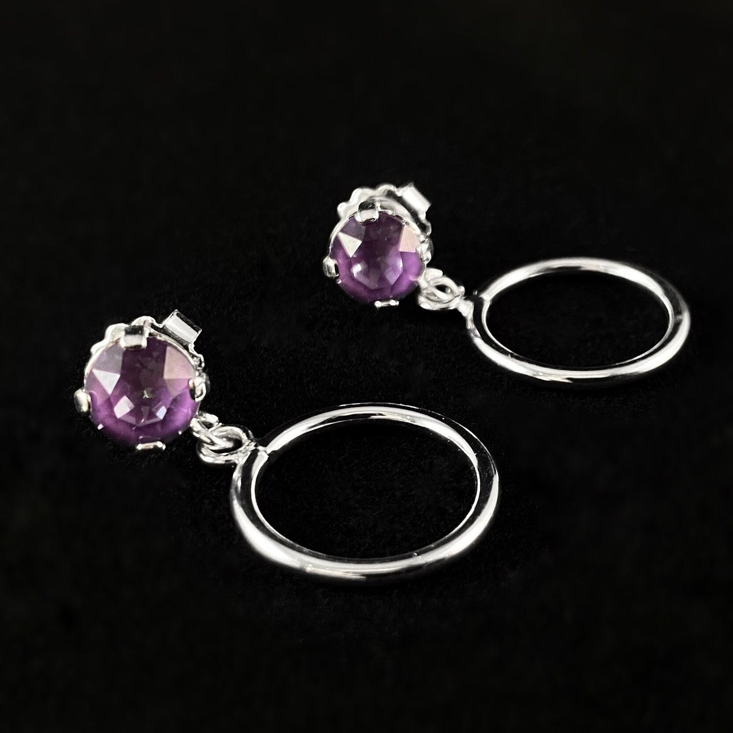 Lavender Crystal Circle Accent Silver Minimalist Stud Earrings - Handmade, Nickel Free - Ulla