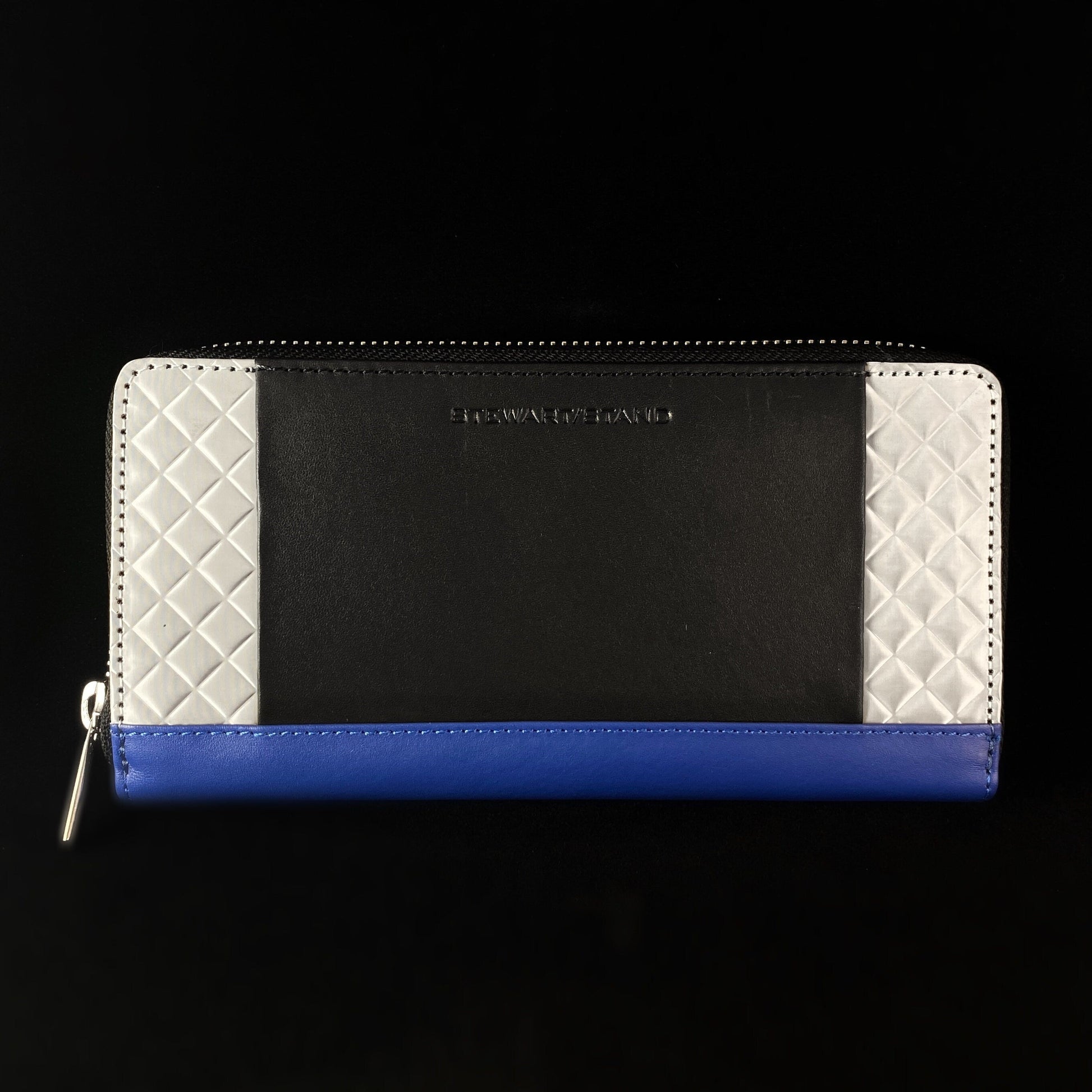 Leather and Stainless Steel RFID Protection Zipper Wallet, Cobalt Blue, Black, Silver - Stewart Stand