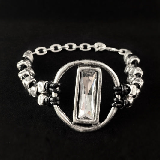 Leather Beaded Bracelet with Large Rectangular Crystal, Handmade, Nickel Free