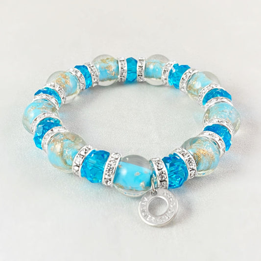 Light Blue Beaded Venetian Glass Bracelet - Handmade in Italy, Colorful Murano Glass