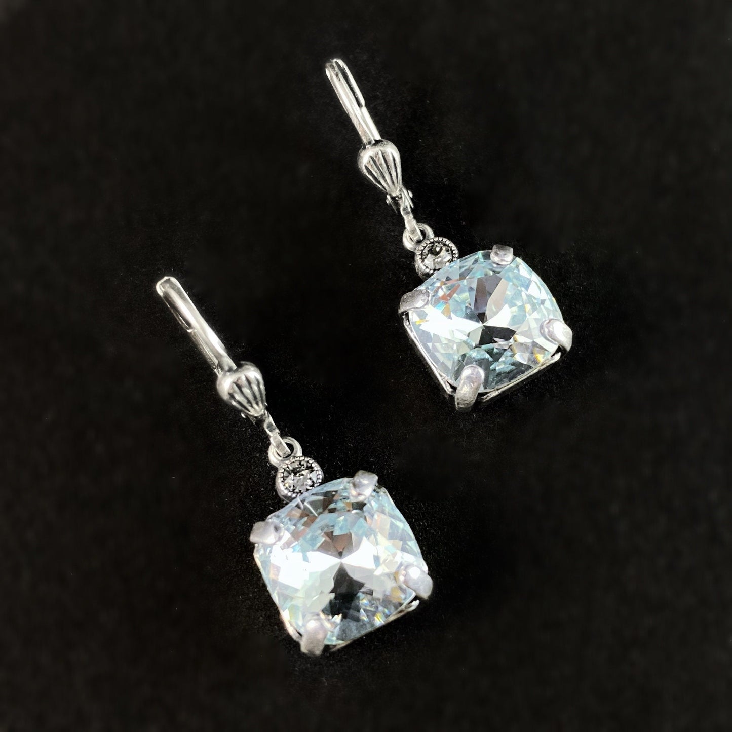Light Blue Square Cut Swarovski Crystal Drop Earrings - La Vie Parisienne by Catherine Popesco