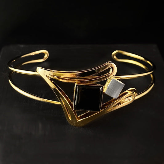 Lightweight Handmade Geometric Aluminum Bracelet, Black and Gold Flourish
