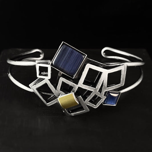 Lightweight Handmade Geometric Aluminum Bracelet, Blue and Silver Tumbling Boxes