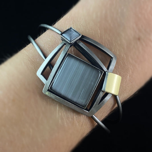 Lightweight Handmade Geometric Aluminum Bracelet, Gray and Silver Squares
