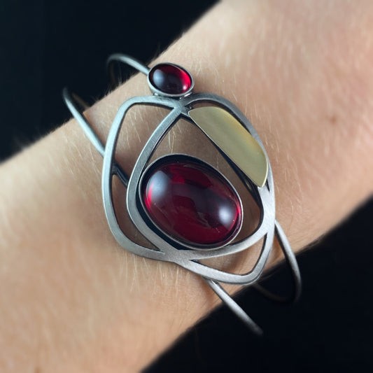 Lightweight Handmade Geometric Aluminum Bracelet, Red and Silver Floating Shapes