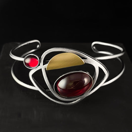 Lightweight Handmade Geometric Aluminum Bracelet, Red and Silver Floating Shapes