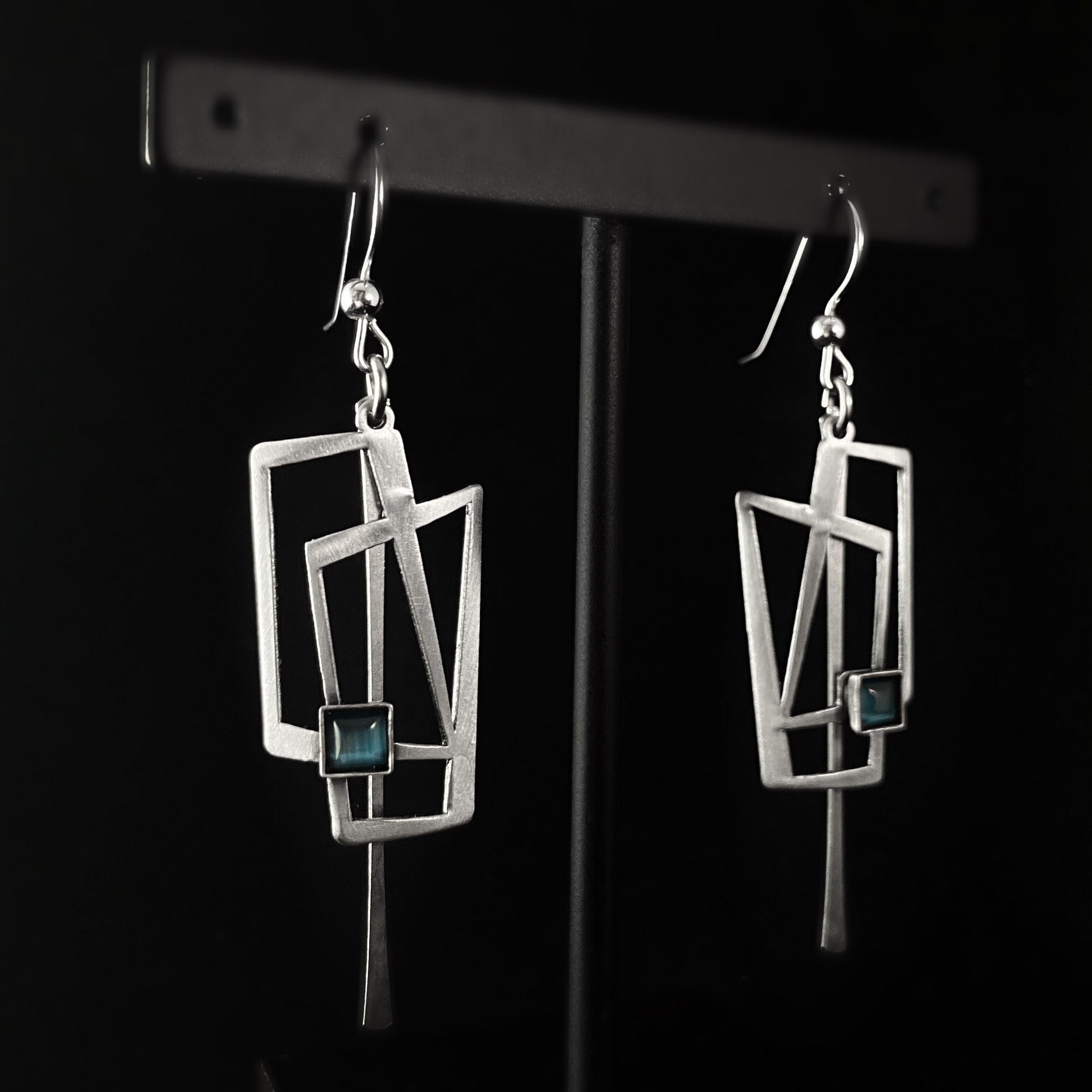 Lightweight Handmade Geometric Aluminum Earrings, Blue and Silver Windows