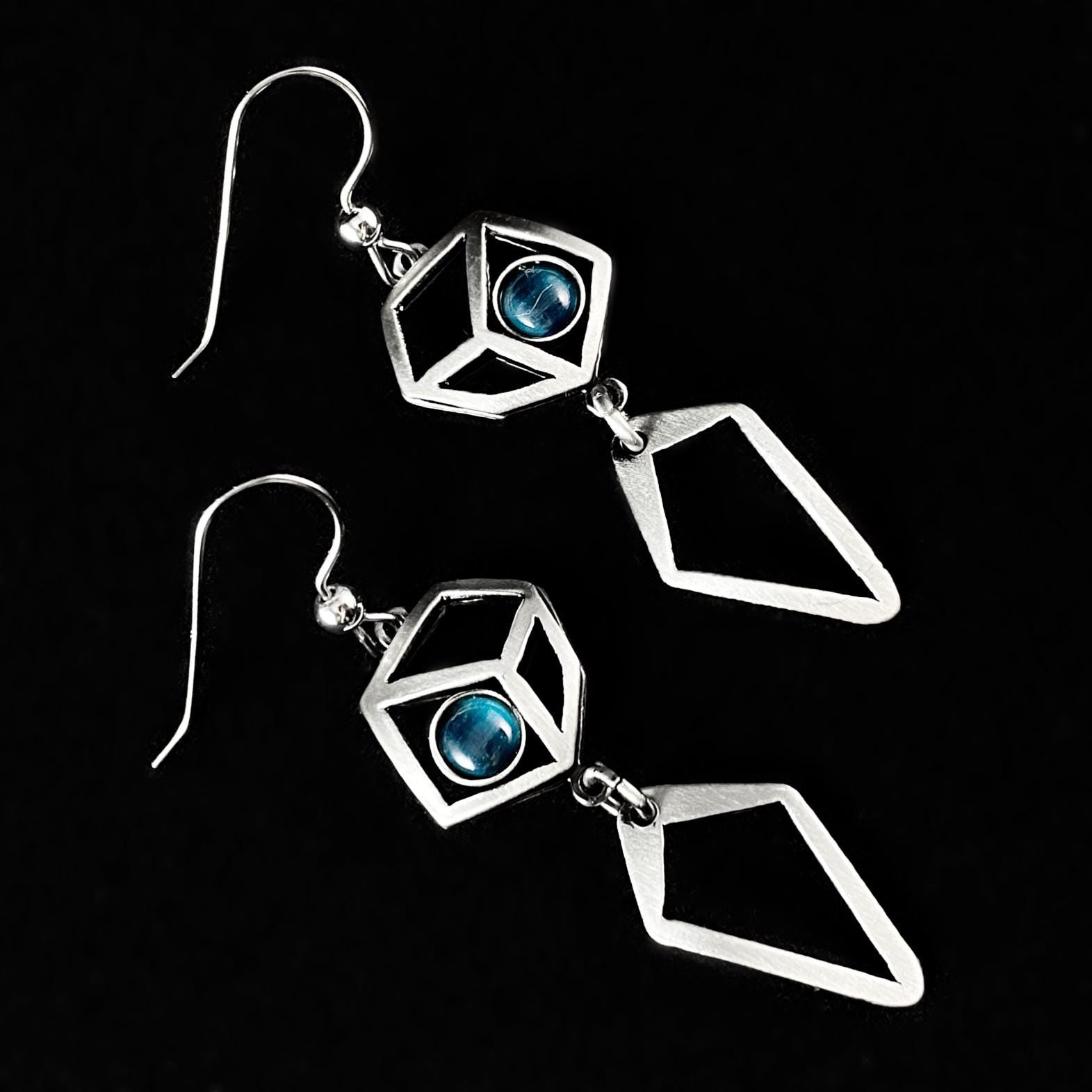 Lightweight Handmade Geometric Aluminum Earrings, Blue/Silver Cubist