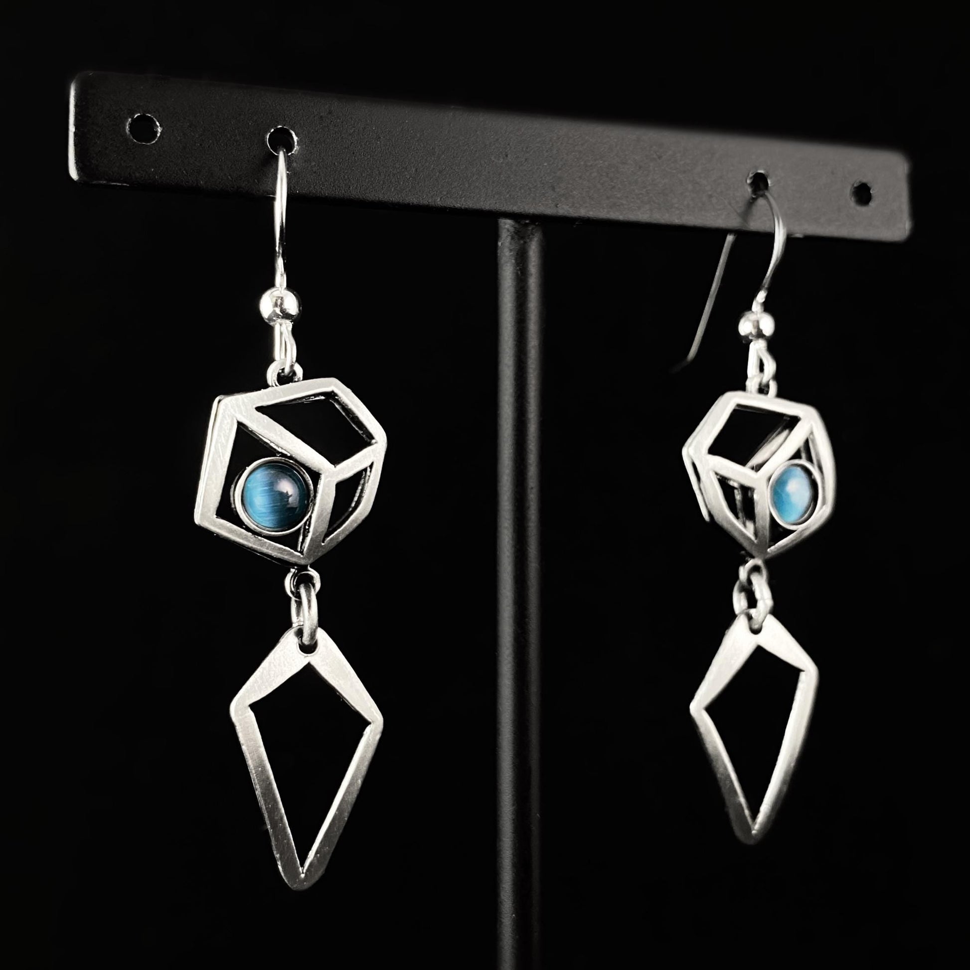 Lightweight Handmade Geometric Aluminum Earrings, Blue/Silver Cubist