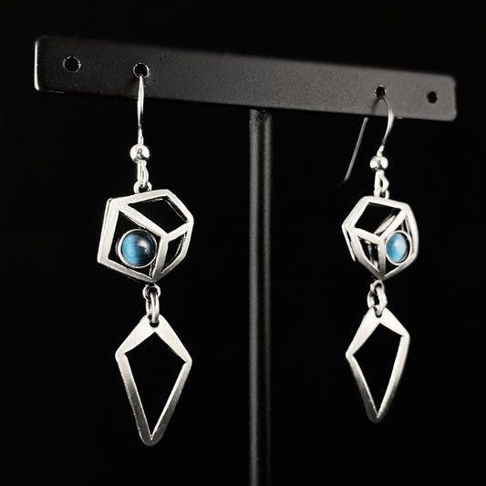 Lightweight Handmade Geometric Aluminum Earrings, Blue/Silver Cubist