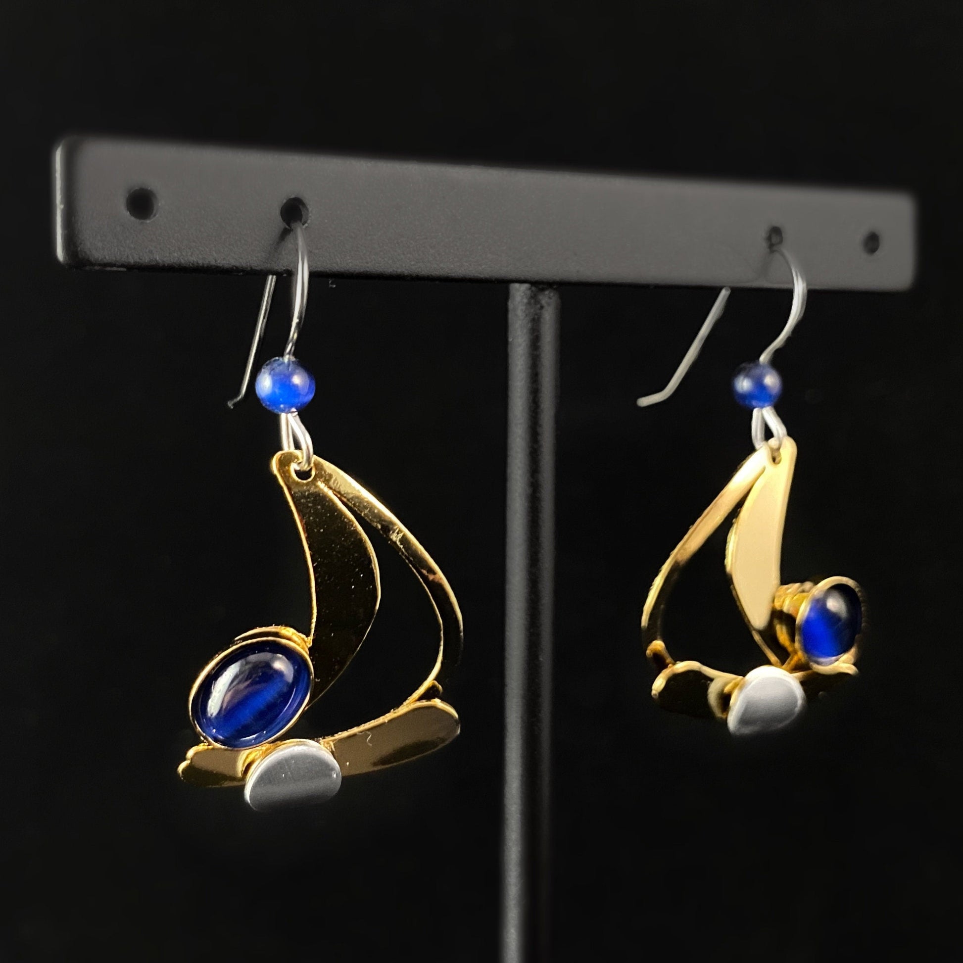 Lightweight Handmade Geometric Aluminum Earrings, Blue/Gold Half Moon