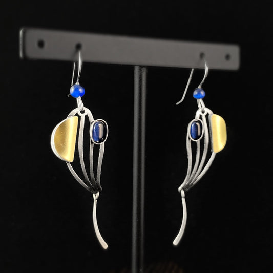 Lightweight Handmade Geometric Aluminum Earrings, Dark Blue and Gold Swoop