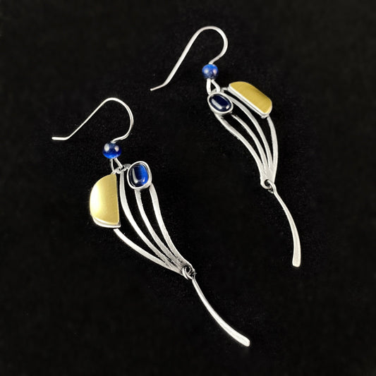 Lightweight Handmade Geometric Aluminum Earrings, Dark Blue and Gold Swoop