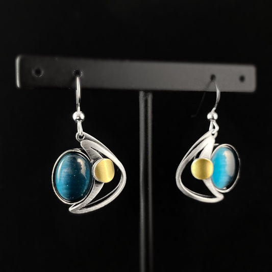 Lightweight Handmade Geometric Aluminum Earrings, Dark Blue and Gold Swoops