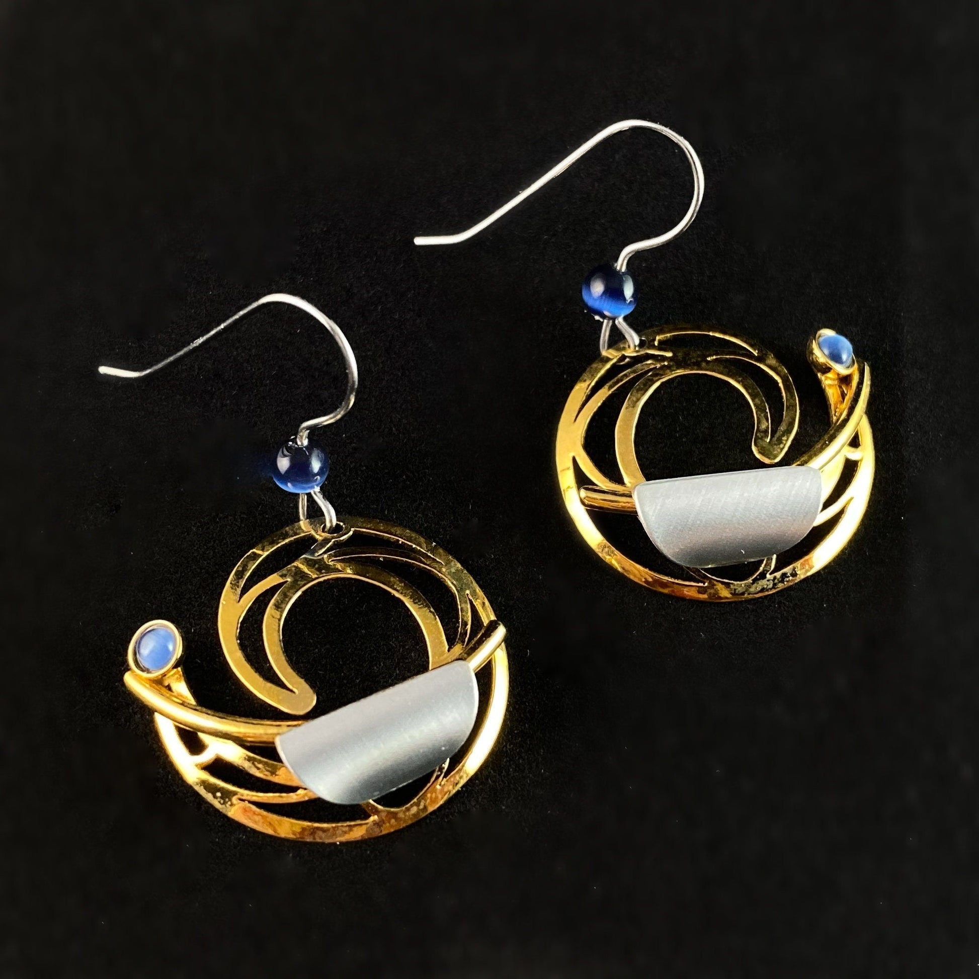 Lightweight Handmade Geometric Aluminum Earrings, Gold and Blue