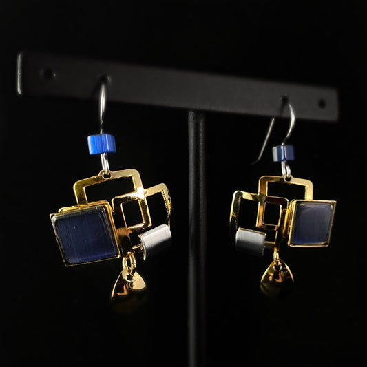 Lightweight Handmade Geometric Aluminum Earrings, Gold and Blue Squares