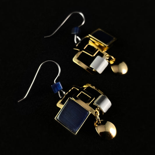Lightweight Handmade Geometric Aluminum Earrings, Gold and Blue Squares
